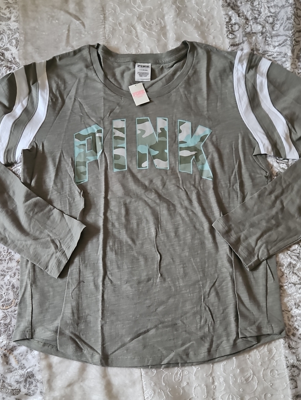 PINK Victoria's Secret Olive Green Long-Sleeve Camo Logo Tee with White Stripes